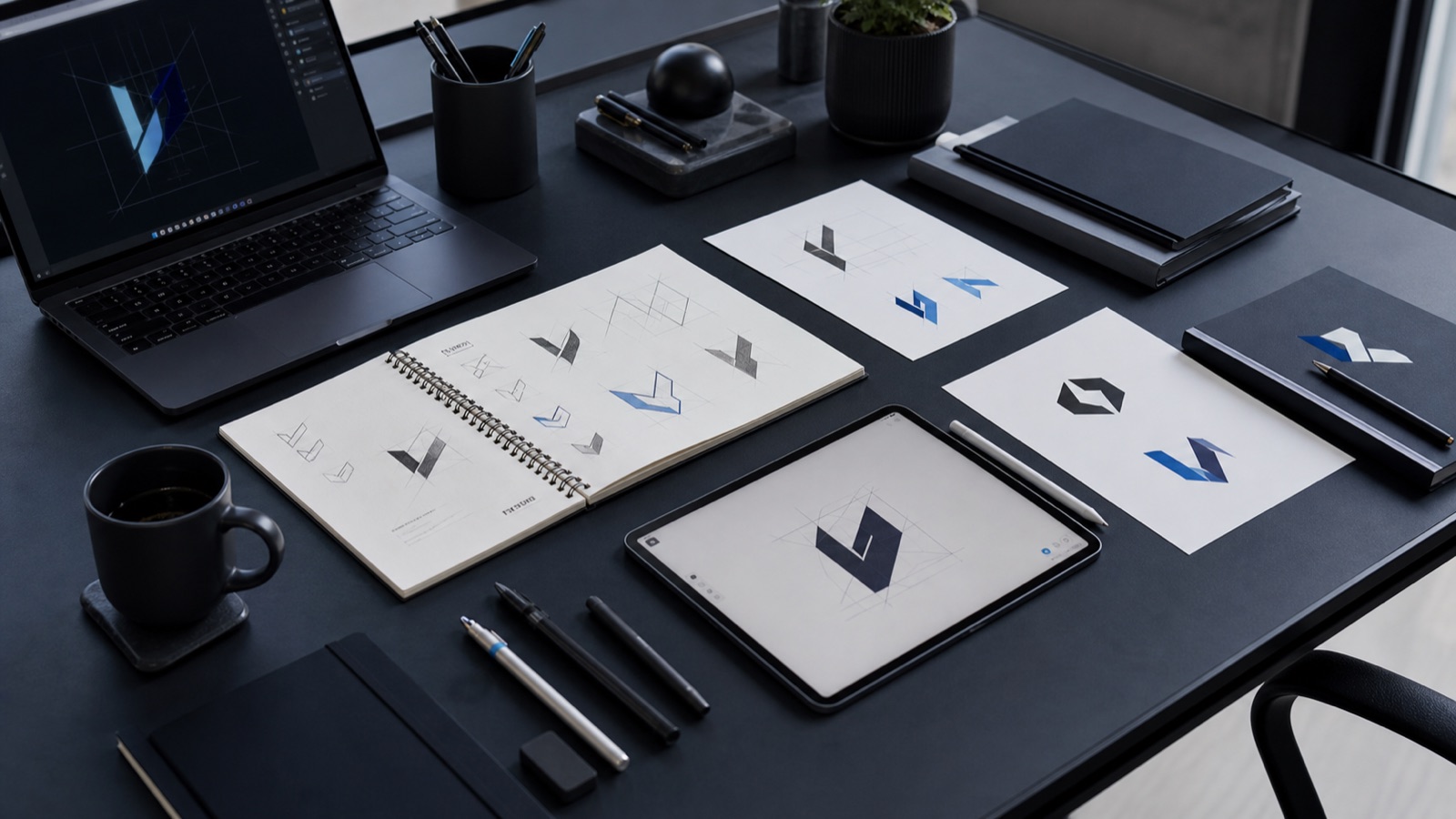 Brand identity development desk with logo sketches, tablet and premium stationery