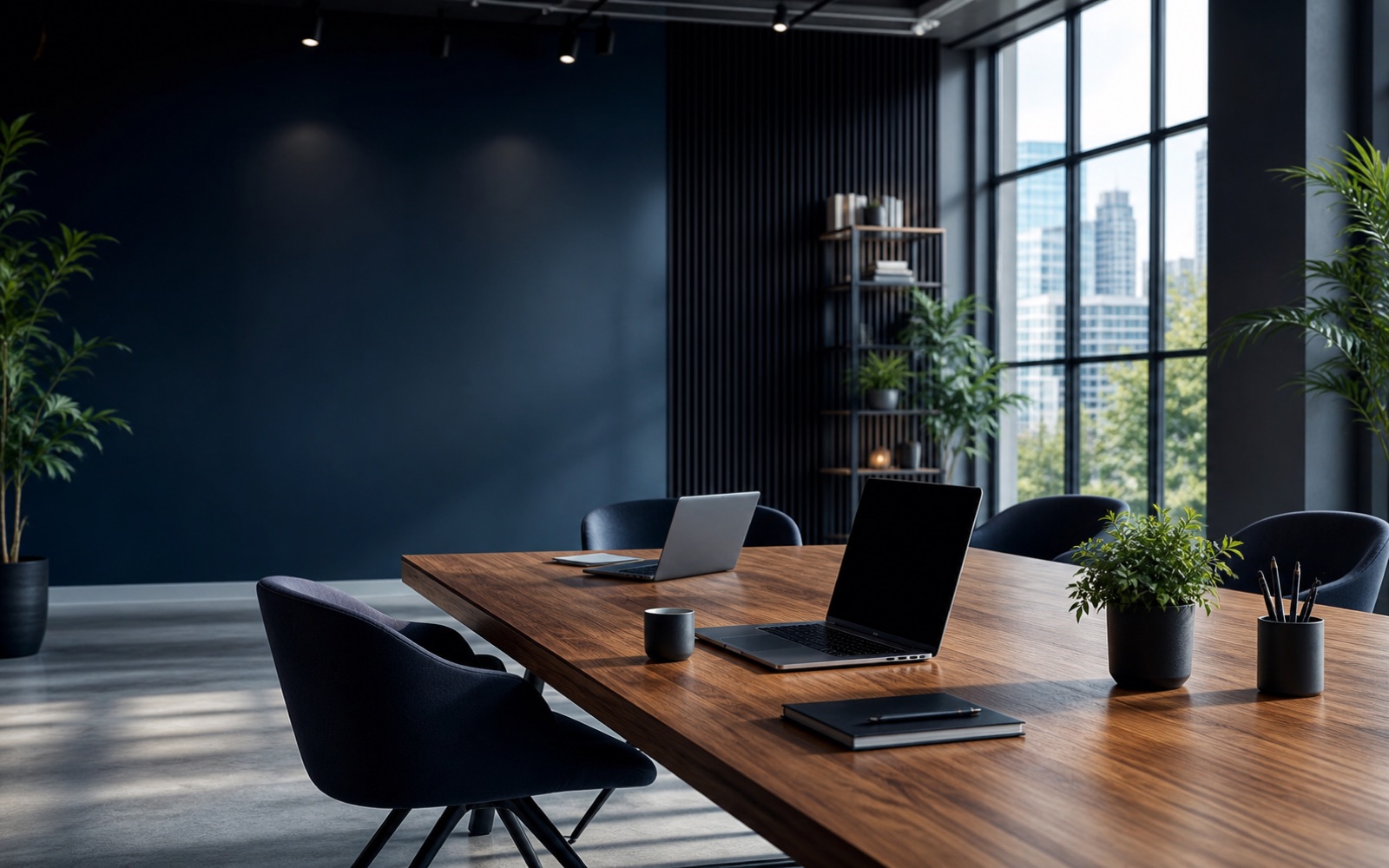 Premium creative technology studio workspace with laptops and dark blue interior
