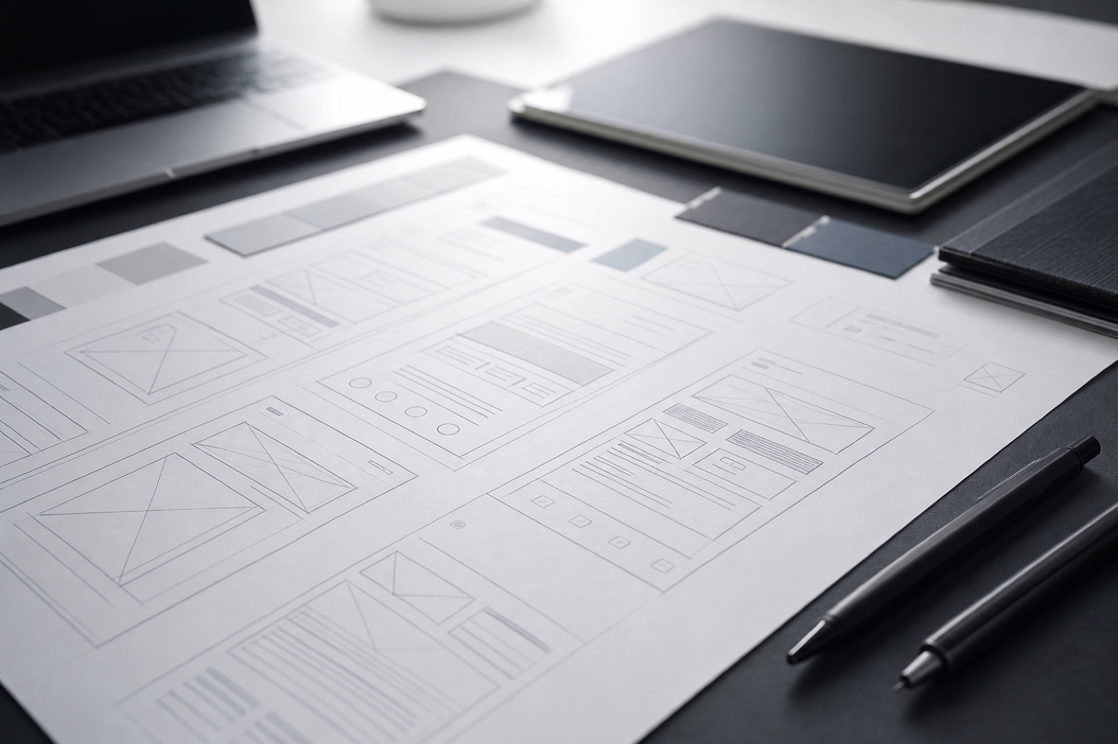 Close-up of UX wireframes and layout planning materials on a desk